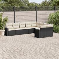 9-delige Loungeset met kussens poly rattan zwart - thumbnail