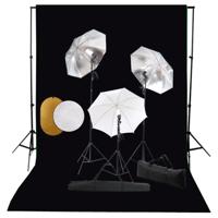 Fotostudioset met lampen, paraplu's, achtergrond en reflector - thumbnail