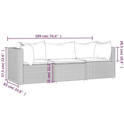3-delige Loungeset met kussens poly rattan zwart - thumbnail