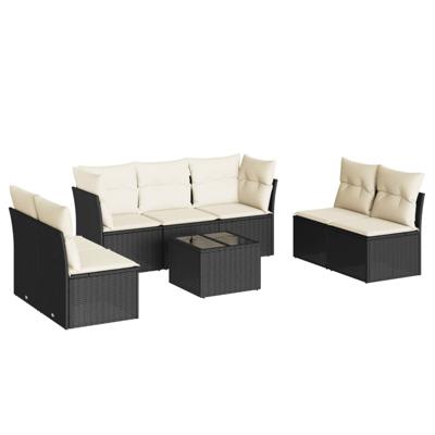 7-delige Loungeset met kussens poly rattan zwart