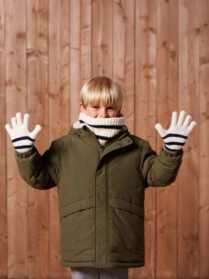 Gestreept babyset voor jongens muts + snood + wanten/handschoenen ecru