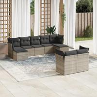 9-delige Loungeset met kussens poly rattan grijs - thumbnail