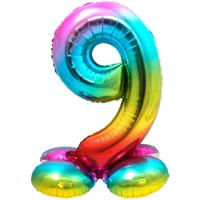 Regenboog Folieballon Cijfer 9 Op Standaard - 72cm - thumbnail