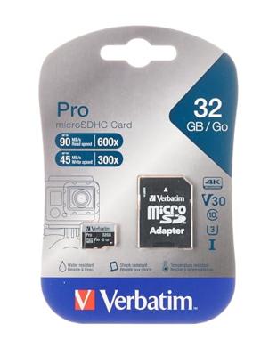 Verbatim PRO microSDHC-kaart 32 GB Class 10, UHS-I, UHS-Class 3 Incl. SD-adapter Verbatim PRO microSDHC-kaart 32 GB Class 10, UHS-I, UHS-Class 3 Incl. SD-adapter