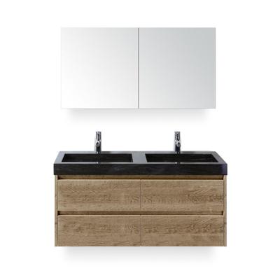 Dante Badmeubelset 120 cm - Natuur Eiken - Wastafel Hardsteen Wit Lucca Dubbel - met Spiegelkast