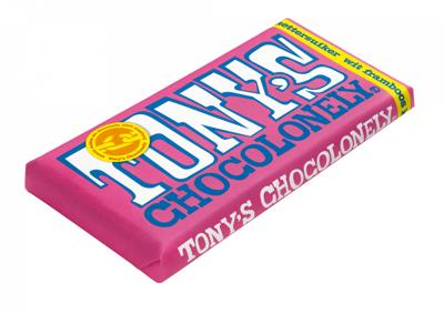 Chocolade Tony&apos;s Chocolonely wit framboos knettersuiker reep 180gr