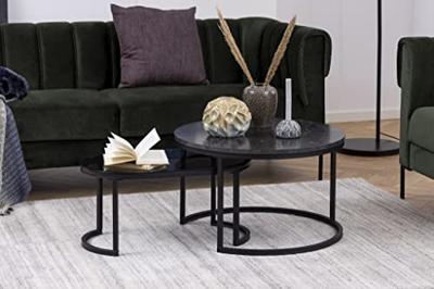 Bendt Salontafel 'Flemming' Set van 2 stuks, Marmerlook en glas, kleur zwart