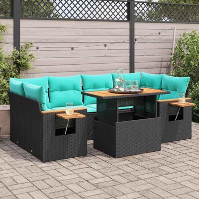 7-delige Loungeset met kussens poly rattan zwart