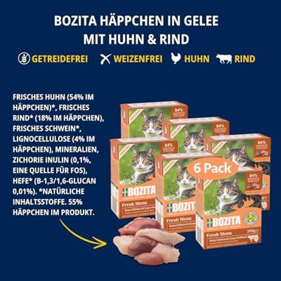 Bozita Sterilised Hapjes voor natvoer voor katten in gelei met kip & rund- 6-delige set Tetra Pack 370 g kattenvoer zonder granen en suiker - kattenvoer met 7,5% proteïne en 5% vetgehalte, zonder