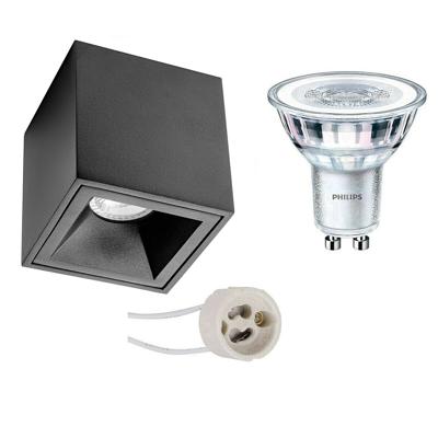 Opbouwspot Set - Pragmi Cliron Pro - GU10 Fitting - Opbouw Vierkant - Mat Zwart - Verdiept - 90mm - Philips - CorePro 827 36D - 4W - Zeer Warm Wit 2700K - Dimbaar