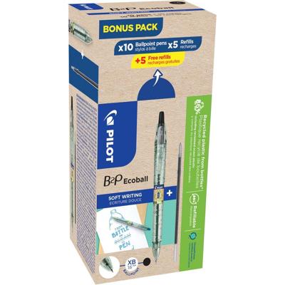 Pilot Ecoball B2P BeGreen balpen, large, zwart, doos van 10 stuks + 10 navullingen