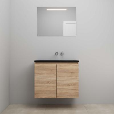 On-Line Badkamermeubelset - 80 cm - Bouwpakket - Greeploze Ladestructuur - Acryl Wastafel - zonder Kraangat - Spiegel met LED-Verlichting - Eiken
