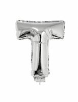 Folieballon zilver letter &apos;T&apos; met rietje - thumbnail