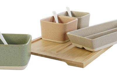 Set voor voorgerechtjes DKD Home Decor 26 x 9 x 4 cm Porselein Multicolour Bamboe 8 Onderdelen Scandinavisch