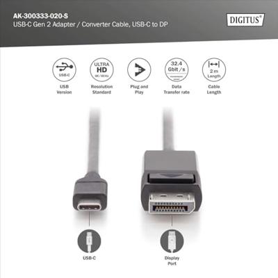 Digitus AK-300333-020-S USB-C-displaykabel USB-C / DisplayPort Adapterkabel USB-C stekker, DisplayPort-stekker 2.00 m Zwart Afgeschermd, Afgeschermd (dubbel)