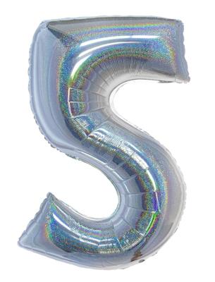 Folieballon Holografisch Zilver Cijfer &apos;5&apos; - 102cm