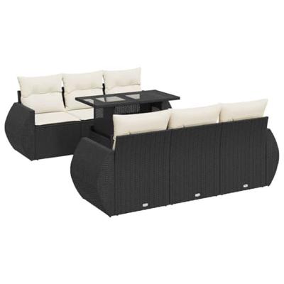7-delige Loungeset met kussens poly rattan zwart