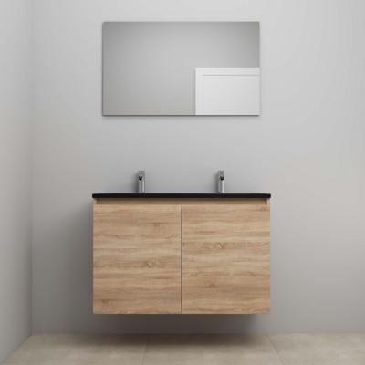 On-Line Badkamermeubelset - 100 cm - Bouwpakket - Greeploze Ladestructuur - Acryl Wastafel - 2 Kraangaten - Spiegel - Eiken