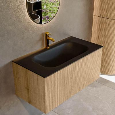 Mondiaz KURVE 90 cm Onderkast Greeploos 1 Lade Zonder Deuren Oak, Wastafel Solid Surface Midden Urban 1 Kraangat Zonder Spiegel (KRVBGS901L0D1KM-Oak/Urb)