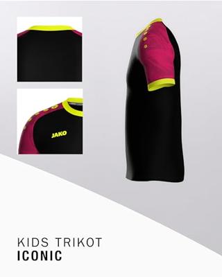 JAKO 4224K Shirt Iconic Km Kids - Zwart/Pink/Fluogeel - 128