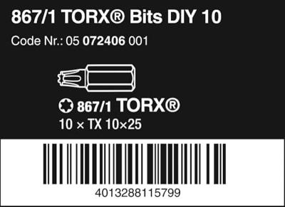 Wera 867/1 Z DIY SiS 05072406001 Torx-bit T 10 Gereedschapsstaal Gelegeerd, Taai D 6.3 10 stuk(s)