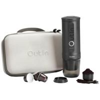 Outin - Draagbare elektrische espressomachine met beschermkoffer - Nano reis cadeauset - snelle waterverwarming - Italiaans design - capsules & gemalen koffie - 20 bar - draagbare koffiemachine - reis & camping koffiezetapparaat -12 volt - Zwart/Grijs - thumbnail