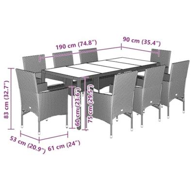 9-delige Tuinset met kussens poly rattan en glas zwart - thumbnail