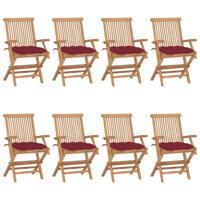 vidaXL Tuinstoelen 8 st met wijnrode kussens massief teakhout - thumbnail