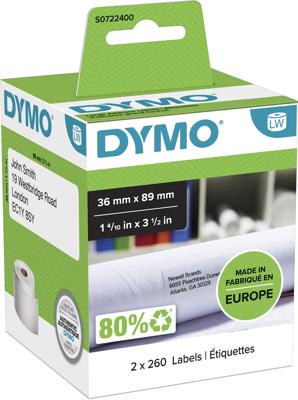 DYMO S0722400 Rol met etiketten 89 x 36 mm Papier Wit 520 stuk(s) Permanent hechtend Verzendetiketten