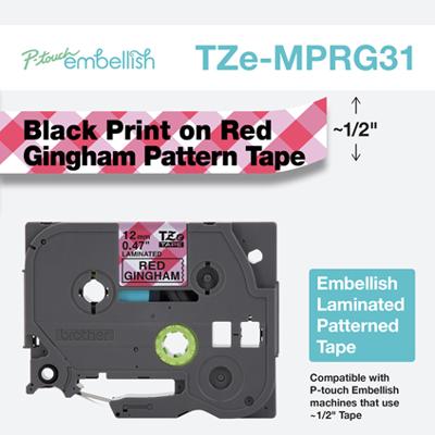 Etiketten Brother TZe, TZ TZe-MPRG31 Tapekleur: Wit (met rood ruitmotief) Tekstkleur:Zwart 12 mm 4 m