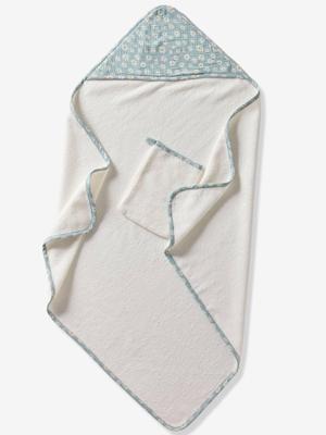 Badcape van katoengaas, personaliseerbaar, en washandje MARGUERITE blauw, bedrukt