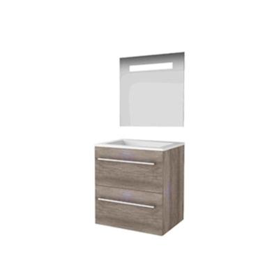 Basic-Line Economic 46 Badkamermeubelset - 60 x 46 cm - Met Grepen - 2 Lades - Acryl Wastafel - Zonder Kraangat - Spiegel met LED Verlichting - Scotch Oak