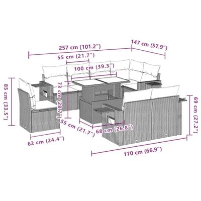 9-delige Loungeset met kussens poly rattan bruin