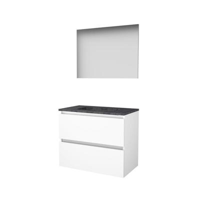 Basic-Line Basic 46 Badkamermeubelset - 80 x 46 cm - Greeploos - 2 Lades - Hardstenen Wastafel - Zonder Kraangat - Spiegel - Ice White