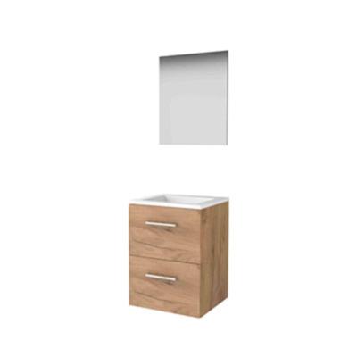 Basic-Line Basic 46 Badkamermeubelset - 50 x 46 cm - Met Grepen - 2 Lades - Acryl Wastafel - Zonder Kraangat - Spiegel - Whisky Oak