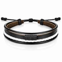 Heren armband Leer Zwart Wit Verstelbaar Touw Multi armband - thumbnail
