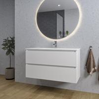 Adema Chaci Badkamermeubelset - 100x46x57cm - 1 keramische wasbak wit - 1 kraangat - 2 lades - ronde spiegel met verlichting - mat wit SW1212771/SW804532/SW161922 - thumbnail