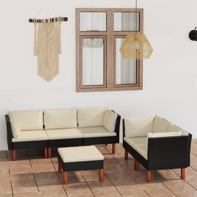6-delige Loungeset met kussens poly rattan zwart
