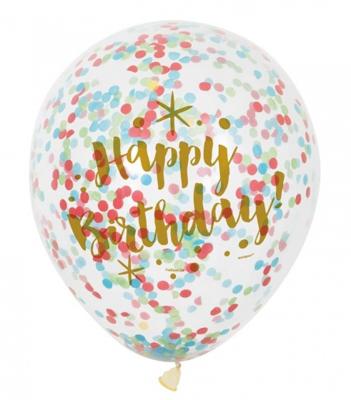 Haza Witbaard Confetti ballonnen happy birthday, 6st.