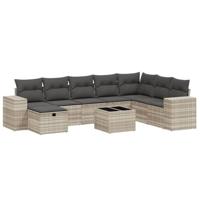 9-delige Loungeset met kussens poly rattan lichtgrijs - thumbnail