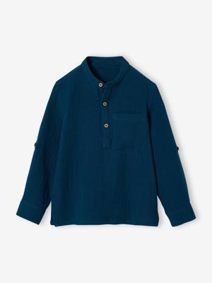 Jongensoverhemd van katoengaas met oprolbare mouwen petrolblauw