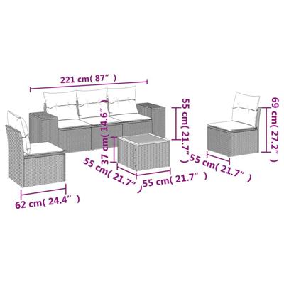 6-delige Loungeset met kussens poly rattan grijs - thumbnail