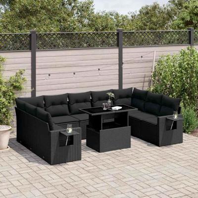 10-delige Loungeset met kussens poly rattan zwart - thumbnail