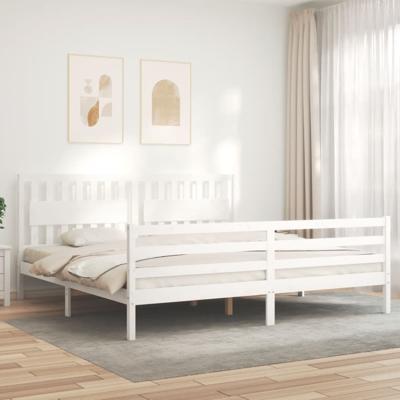 Bedframe met hoofdbord massief hout wit - thumbnail