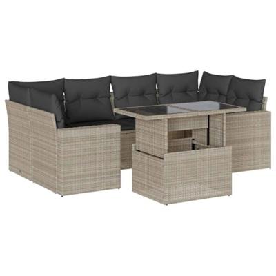 7-delige Loungeset met kussens poly rattan lichtgrijs