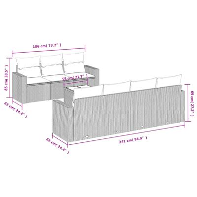 8-delige Loungeset met kussens poly rattan zwart