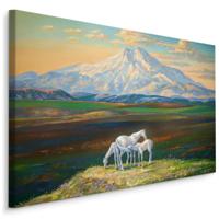 Schilderij - Paarden met op de achtergrond Bergen, Premium Print - thumbnail