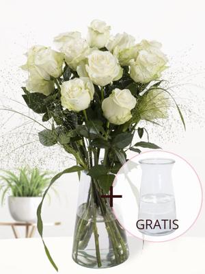 Wit rozenboeket met panicum + gratis glasvaas Evita - Snowstorm