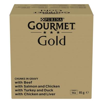 Gourmet Gold Fijne Hapjes in saus met rund, kip-lever, zalm-kip, kalkoen-eend natvoer kat (85 g) 2 x (96x 85 g)