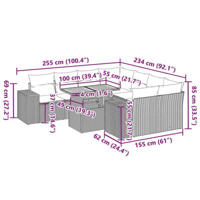 9-delige Loungeset met kussens poly rattan grijs